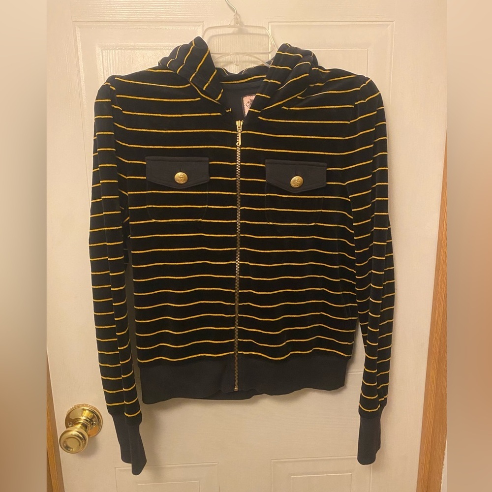Juicy Couture Black and Yellow Striped Zip-Up Velour Track Jacket